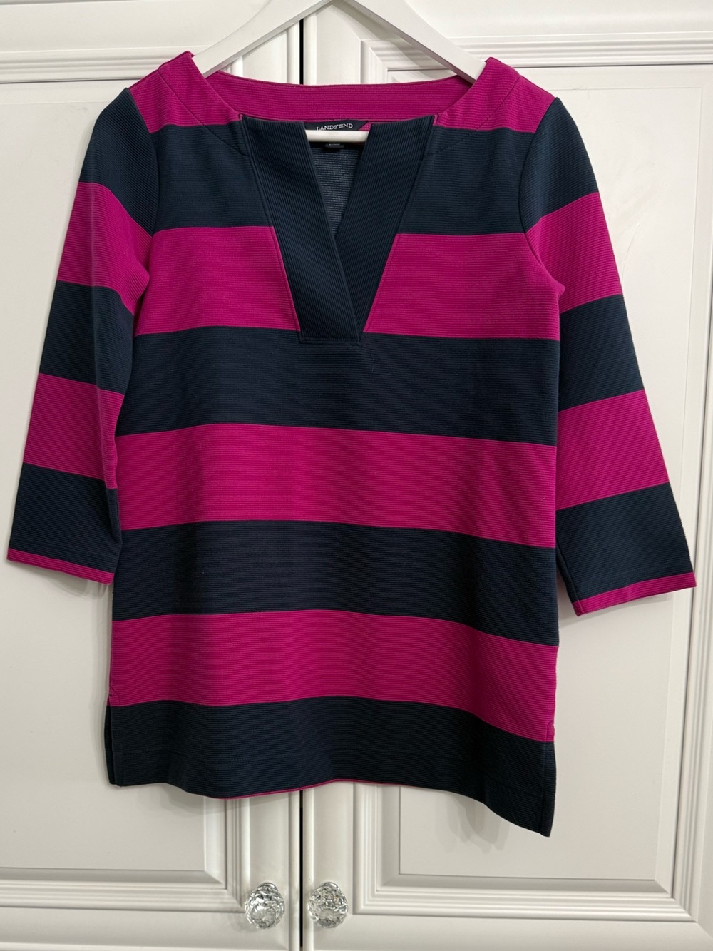 Lands' End Magenta Navy Striped V-Notch Tunic Top 3/4 Sleeves Texture Size XS